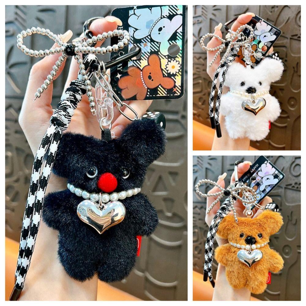 Pearl Heart Necklace Plush Dog Doll Keychains PP Cotton Dog Plush Doll Pendant  Hanging Ornaments