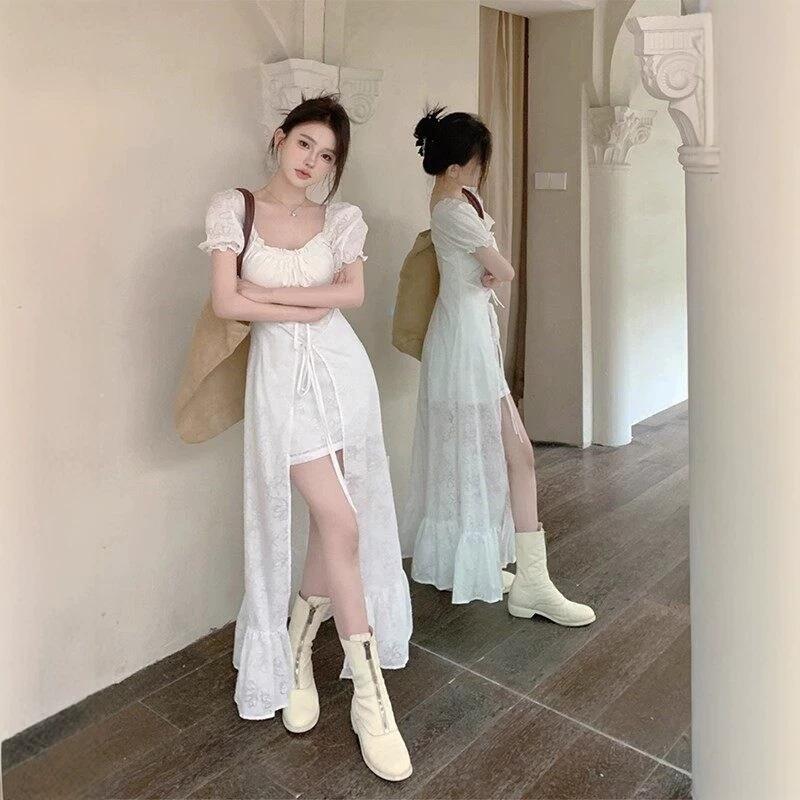 Ballet square neck strap white dress women's summer bubble sleeves ruffle edge long dress short sleeves high-end skirt