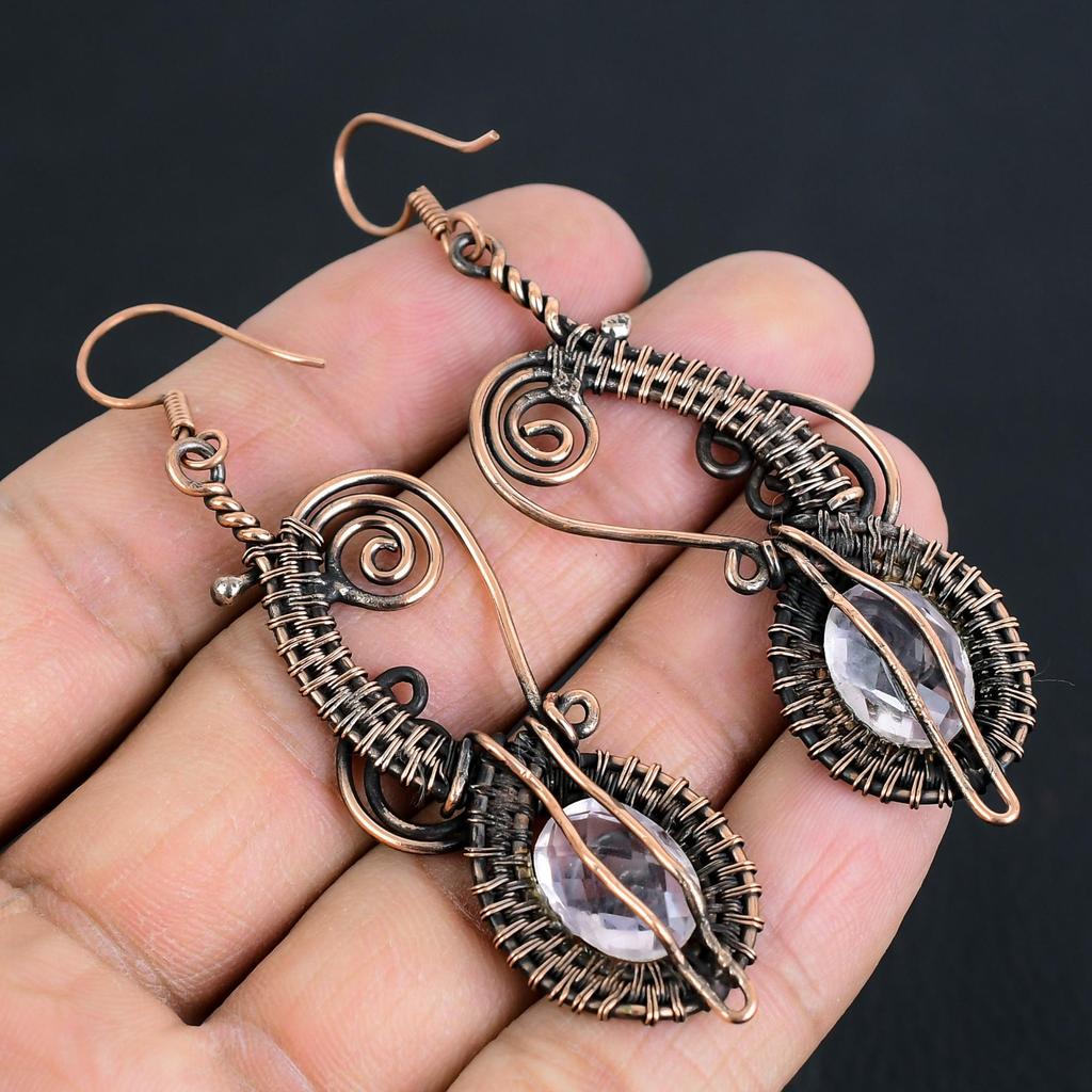 White Topaz 999 Copper Wire Wrapped Earrings, Handmade Gemstone Jewelry Earrings For Memorial Day