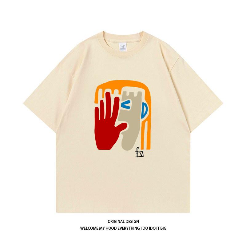 Full Cotton Trend Advanced Sense Ins Style Illustration Printed Short Sleeve Loose Casual Couple With Everything