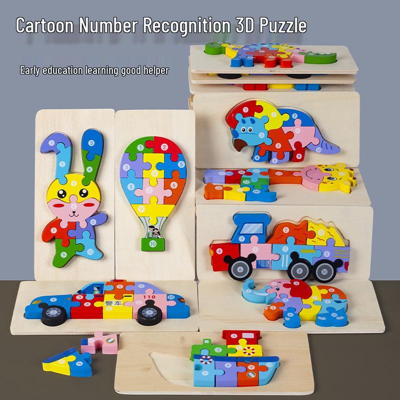 3D Wooden Buckle Puzzle: Educational Toy for Early Learning - Numbers, Transportation, and Animal Blocks