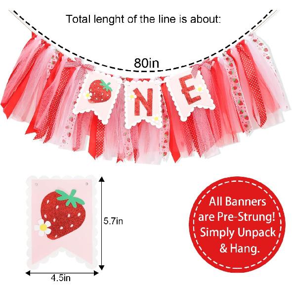 Strawberry One High Chair Banner - Strawberry 1st Party Decoration,Berry First High Chair Garland,Highchair Banner 1st Birthday Girl