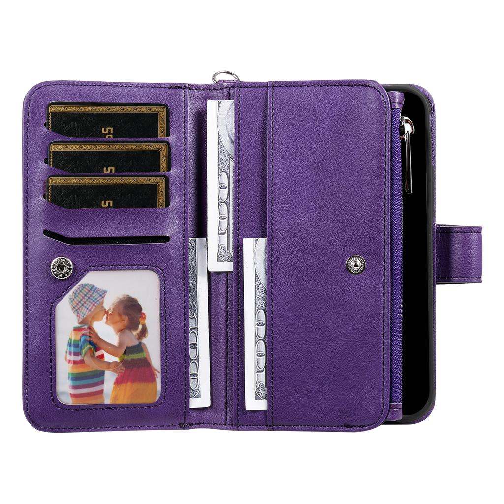 For iPhone 15 Pro Max Magnetic Leather Case Mobile Cover with Detachable Zipper Wallet Strap