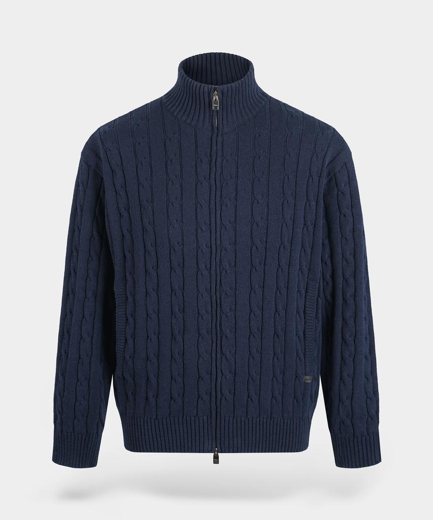 BIRBANTE Washable Cotton Cable Two-Way Knit Zip-Up - Dark Navy
