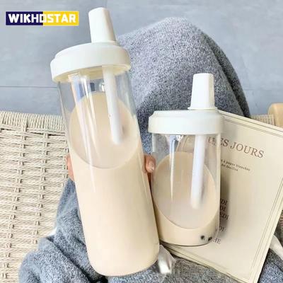 500/850ml Linda Botella de Agua de Plástico con Pajita para Té de Leche de Perlas con Tapa de Vaso Vasos de Café con Burbujas a Prueba de Caídas Gran Capacidad Bebida