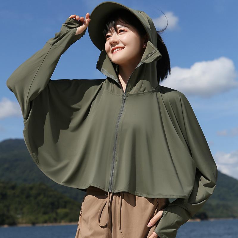 UPF50+ Anti-UV Black Sun Protection Shawl for Women, Breathable Ice Silk, Cooling Loose Fit.