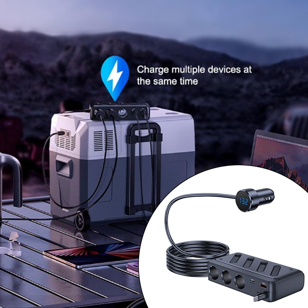 Retractable Car Charger Adapter 3 Socket 12V 24V with Type C PD Cable Vehicle Power Supply Multiple Device Charging