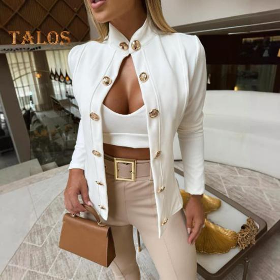 Damen Anzugjacke Stehkragen Langarm Zweireihig Anzugjacke Einfarbig Slim Fit Business Casual Outwear