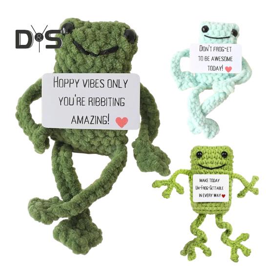 Positive Crochet Frog Doll with Encouraging Card Emotional Support Handmade Knitting Animal Decoration Ornament Stress Relief Toy