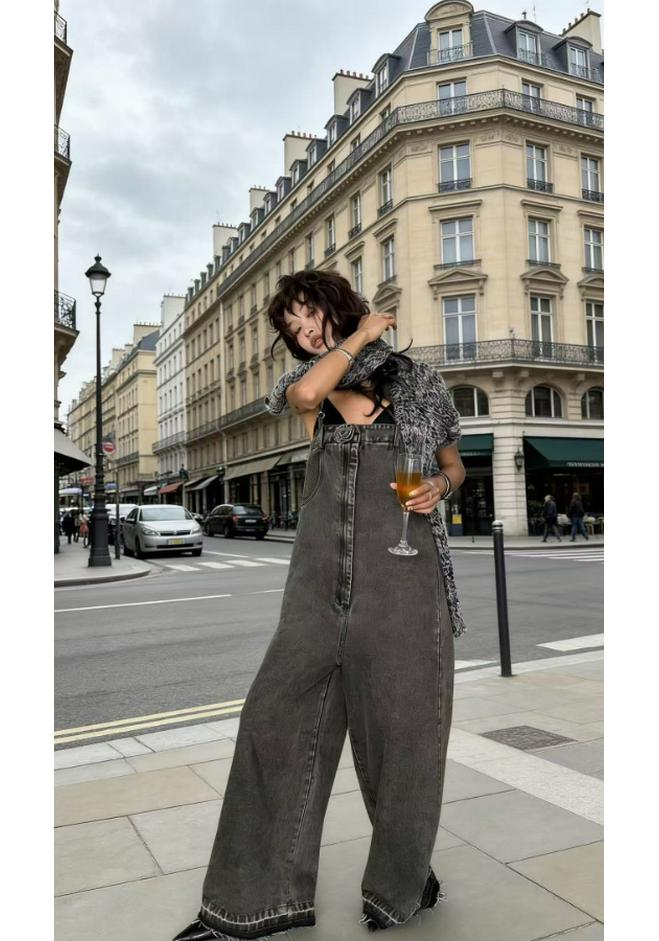 

Retro High-Waisted Wide-Leg Distressed Denim Overalls for Women - Spicy Style Fashion Trend One Size чёрный