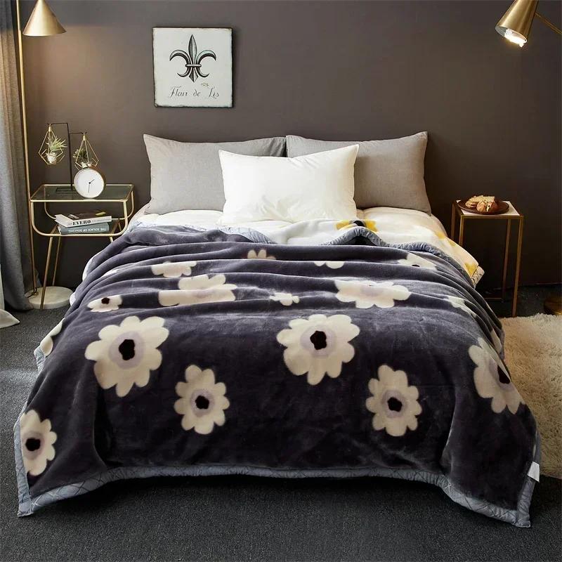Double Sided Printed Autumn Winter Blankets for Bed Soft Warm Encrypted Flocking Raschel Blanket Skin Friendly Weighted Blanket