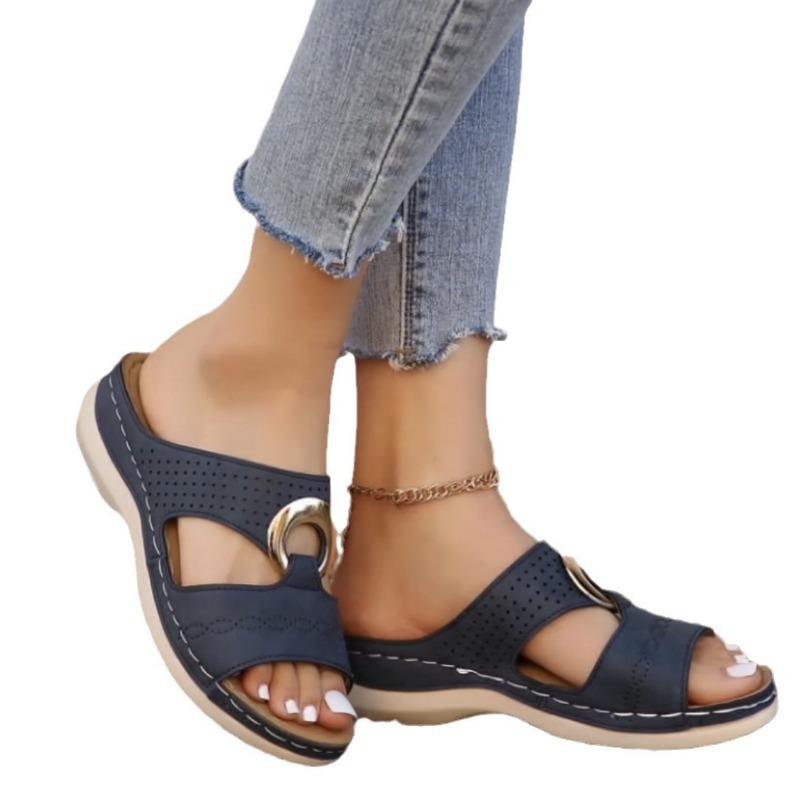 New Summer Wedge Heel Cross Solid Color Sewing Line Thick-soled Medium Mother Shoes