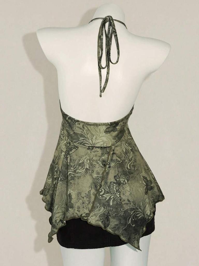 Top Halter Mariposa Azul Retro Americano - Dobladillo Irregular Estilo Fresco Camisola