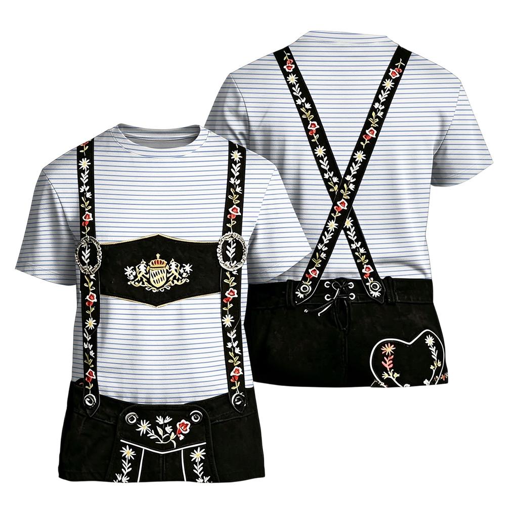 T-shirt da uomo per l'Oktoberfest con stampa testurizzata vintage, manica corta, vestibilità larga, casual, estiva, per uso quotidiano, top con bretelle grafiche e ricami