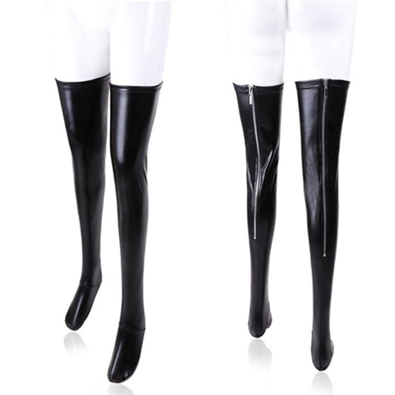 Women Sexy Latex Zipper Stockings Lady's Black PVC Role Play Leather Erotic Clubwear Length Over Knee High Stockings Stocking