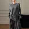 Women's Plus Size Round Neck Sweater - Autumn/Winter Solid Color Knit with Slit Design