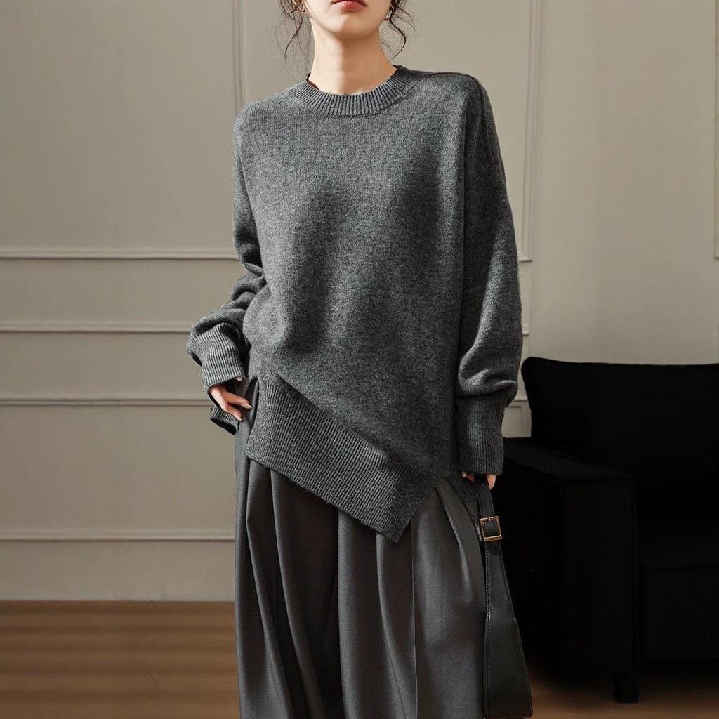 Women's Plus Size Round Neck Sweater - Autumn/Winter Solid Color Knit with Slit Design