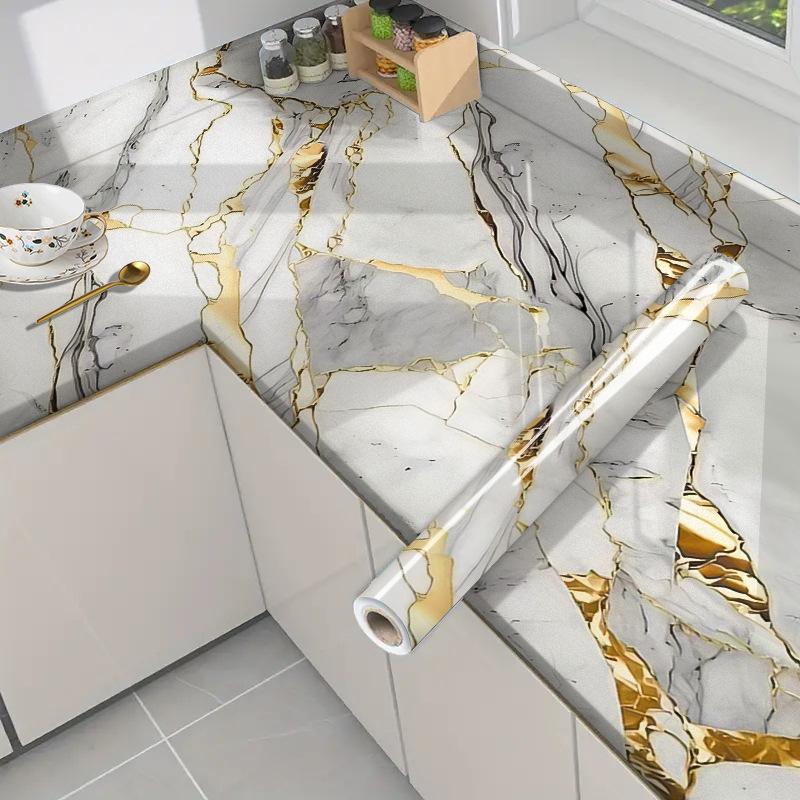 Self-Adhesive Gold Foil Marble Wallpaper Peel & Stick, Waterproof Oil-Proof Kitchen Backsplash Countertop Sticker, 5-Layer PET Wall Decal for Furnitur