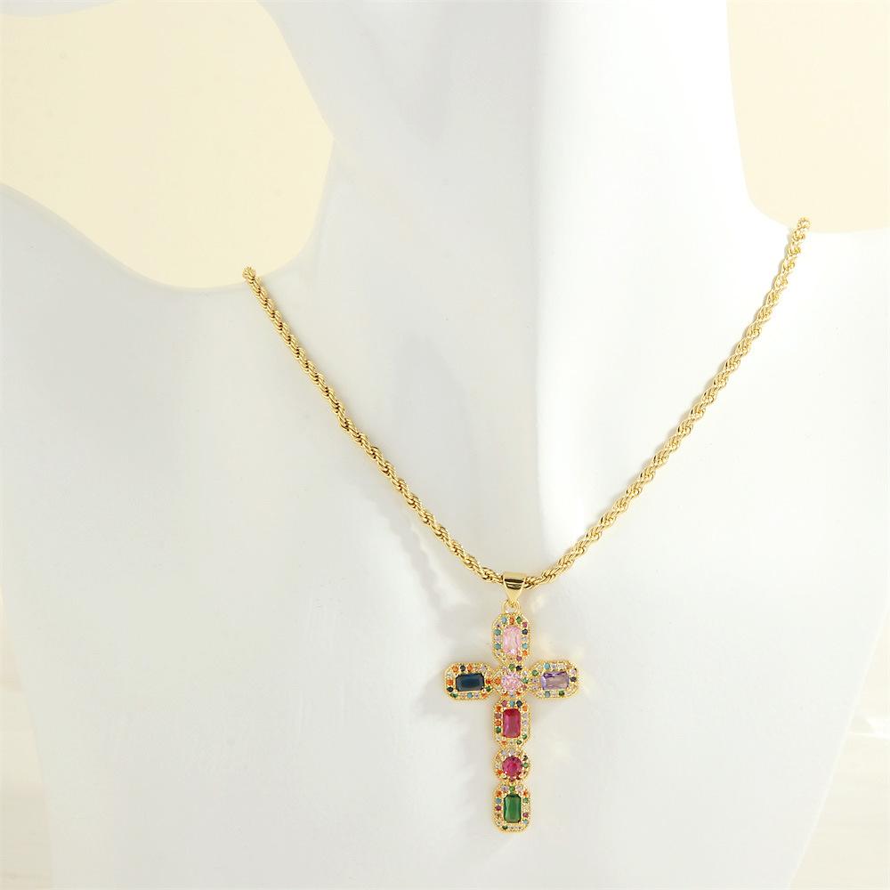 European and American Style Hip-hop Micro Inlaid Color Zirconium Cross Necklace for Women's Fashion Trend Electroplated Collarbone Chain Jewelry