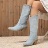 Western Style Embroidery Denim Mid Calf Boots For Women Pointed Toe Vintage Booties Low Hoof Heels Riding Equestrian Shoes