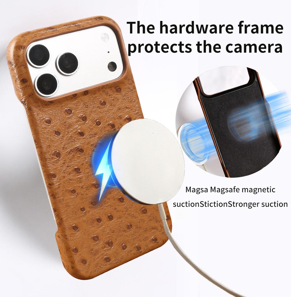 For Magsafe Ostrich Genuine Leather Case For iphone 17 Pro Max Air 17e 16 16e 15 14 Plus 13 Mini 12 11 Back Cover Cases Coque