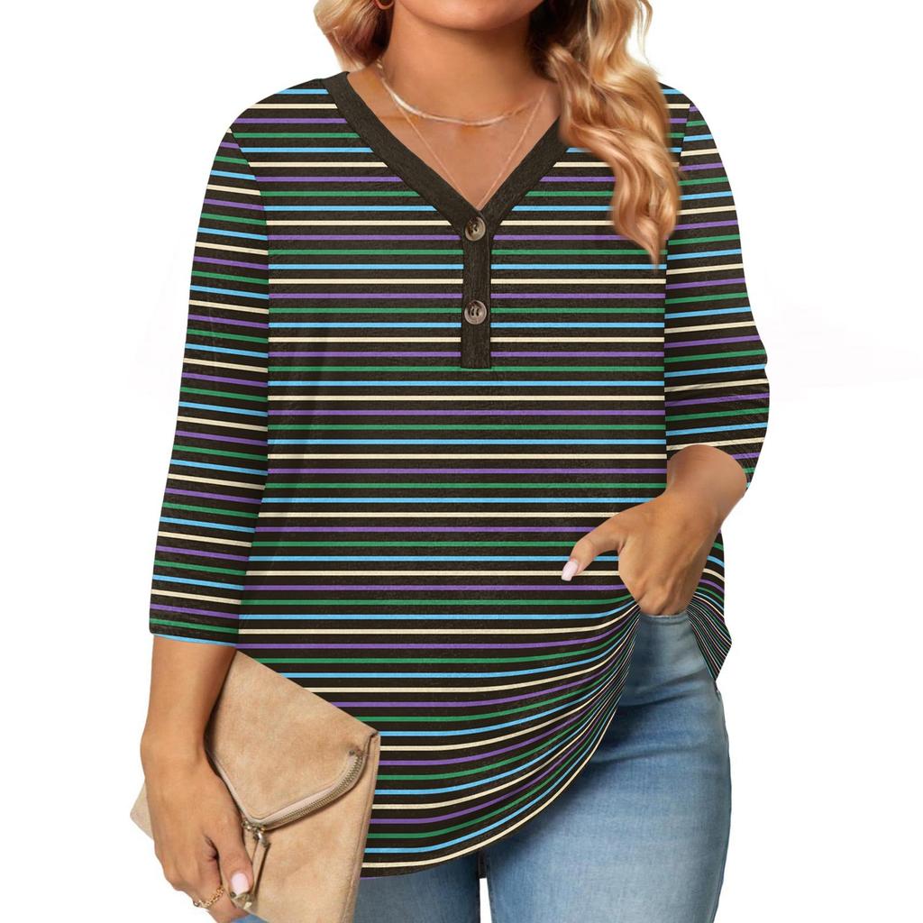 Womens 3/4 Length Sleeve Tops Plus Size Button Down V Neck Shirts Blouses Casual Printing Loose