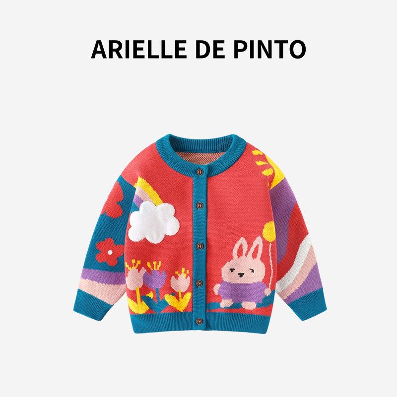 French Arielle De Pinto Girls' Sweater Spring and Autumn Korean Style Floral Rainbow Rabbit Cardigan Sweet Coat