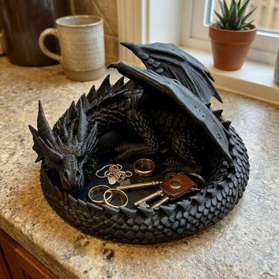 3D Printing Coiled Dragon Jewelry Tray Dark Style Key Coin Storage Holder Desktop Use
