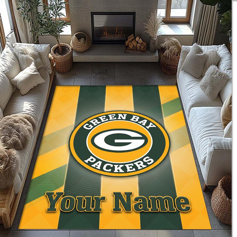 Green Bay Packers Crystal Velvet Rug, Custom Name Text Personalized Non‑Slip Floor Mat for Home Decor Gift
