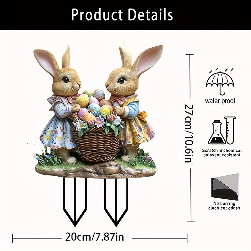 

2D Садовая подставка в виде пасхального кролика, плоская печать, акриловая статуэтка кролика с корзиной, украшение для газона и сада, пасхальная тематика
