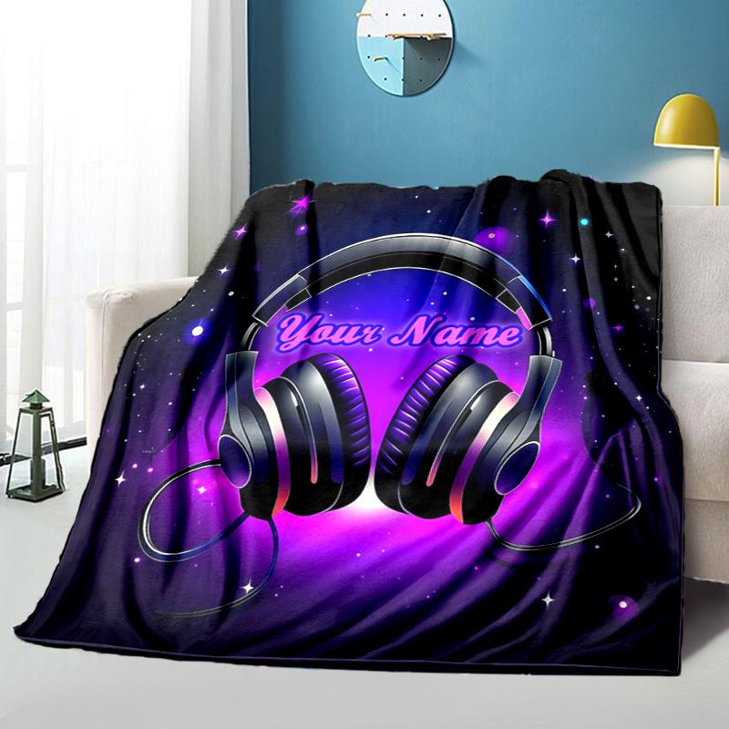 1PC Custom Name Music Headphones Night Theme Flannel Blanket Versatile,all-season Throw Suitable for the Living Room,bedroom,camping,travel,and Gift