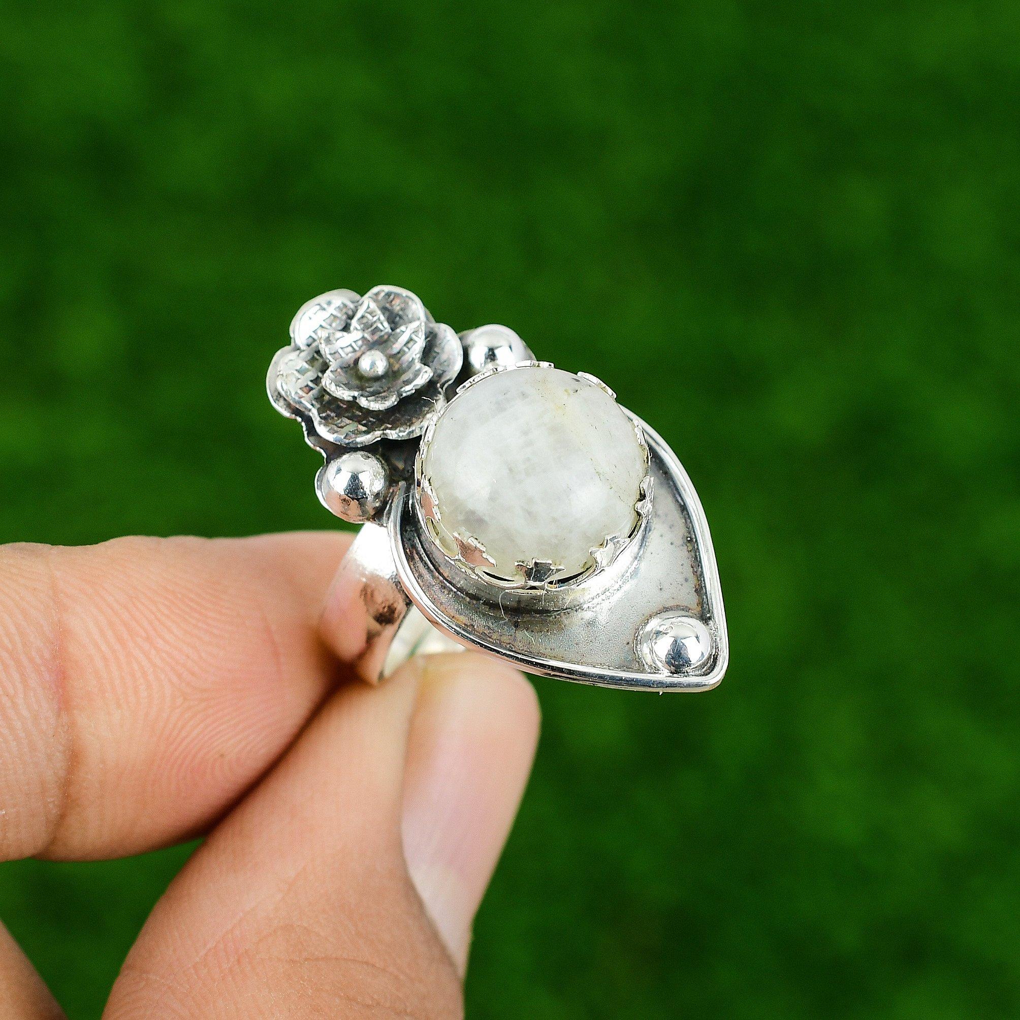 

Gift For Her Natural Rainbow Moonstone Promise Flower Adjustable Ring 925 Silver Adjustable