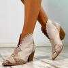 Female Autumn Winter Lace PU Leather Cowboy Ankle Boots Snake Print Western Cowgirl Boot Women Wedge High Heel Booties