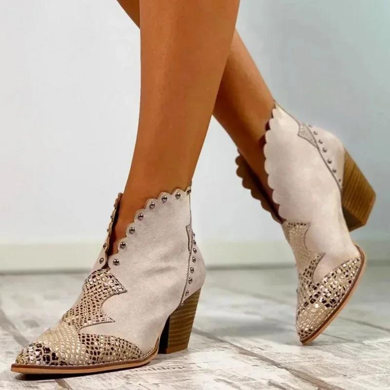 Female Autumn Winter Lace PU Leather Cowboy Ankle Boots Snake Print Western Cowgirl Boot Women Wedge High Heel Booties