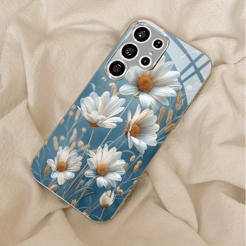Gold-plated tempered glass phone case  compatible Galaxy S26 S25 S24 S23 S22 Ultra Plus. Features a white daisy design.