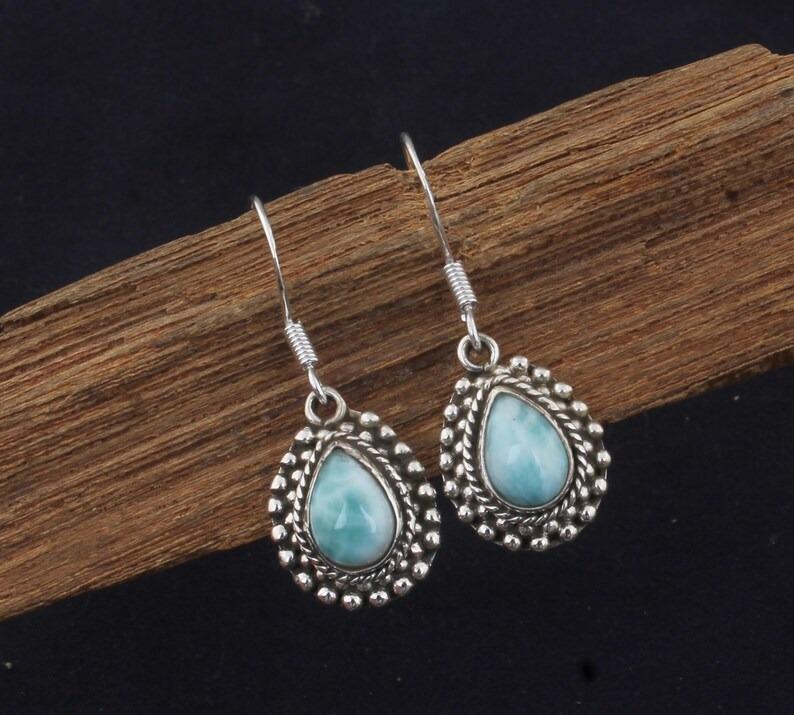Solid 925 Sterling Silver Natural Larimar Earring Bohemian Earring Women Gift Earring Silver Jewelry