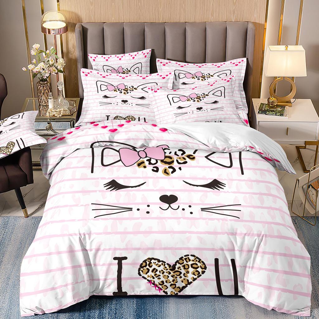 3D Digital Printing Children'S Cute Cat Bedding Quilt Cover Three-Piece Set