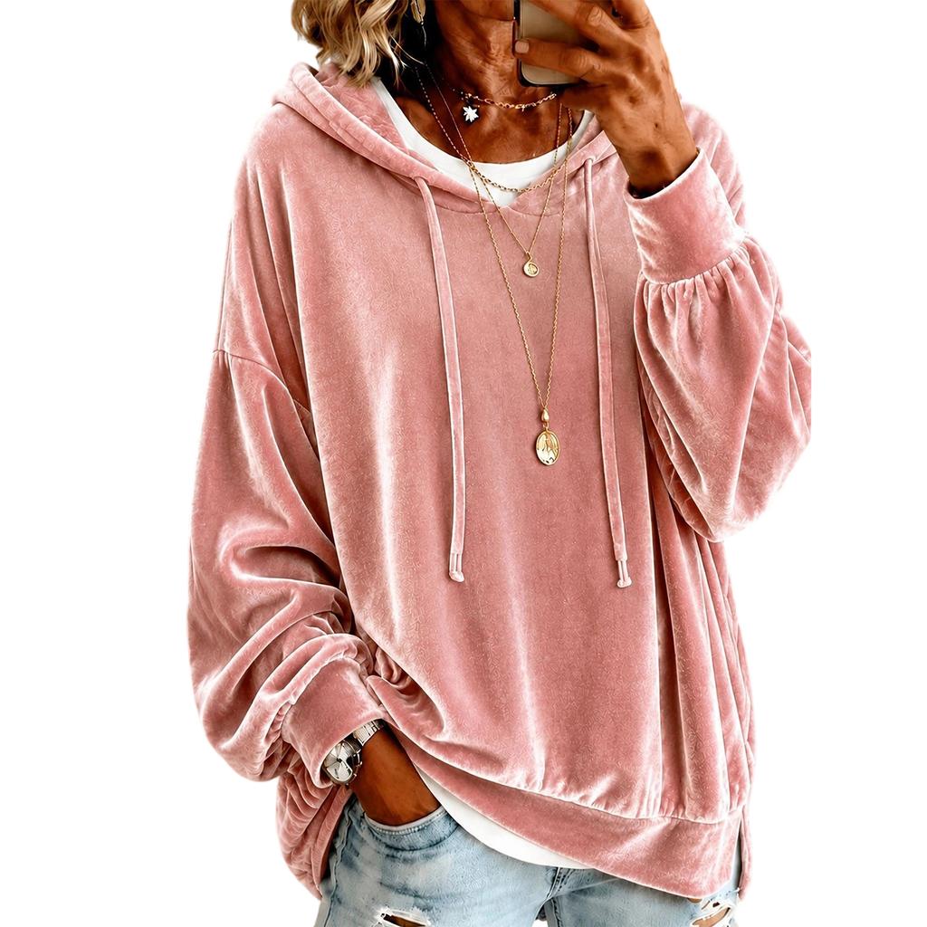 Women's Color Hooded Velvet Sweatshirt Long Sleeve Casual Pullover Top