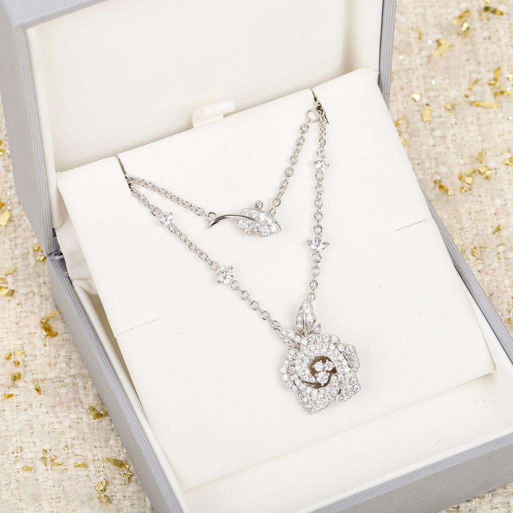 New  Top Brand Pure 925 Sterling Silver Jewelry Women Rose Flower Diamond Pendant Necklace Lovely Design Fine Luxury Quality