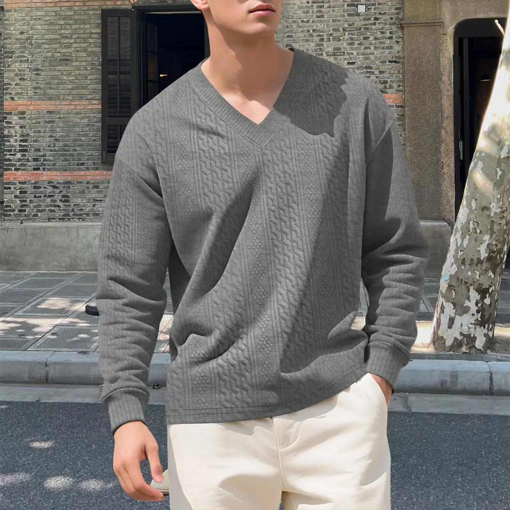 Spring Autumn Soild Color Jacquard V Neck Sweatshirt Knit Pullover Men's Casual Sweatshirts Long Sleeved Tops Sportwear