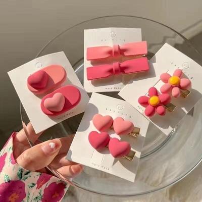 4 Paar rosa Blumen-Love-Haarspangen, süße Mädchen-Herzschleife