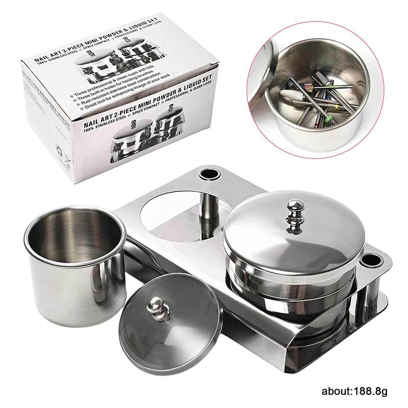 2 Stück/Set Maniküre Acryl Flüssigpulver Edelstahlbehälter Schale Dappen-Schale Desinfektionsbecher mit Deckel Nagelkunstwerkzeug