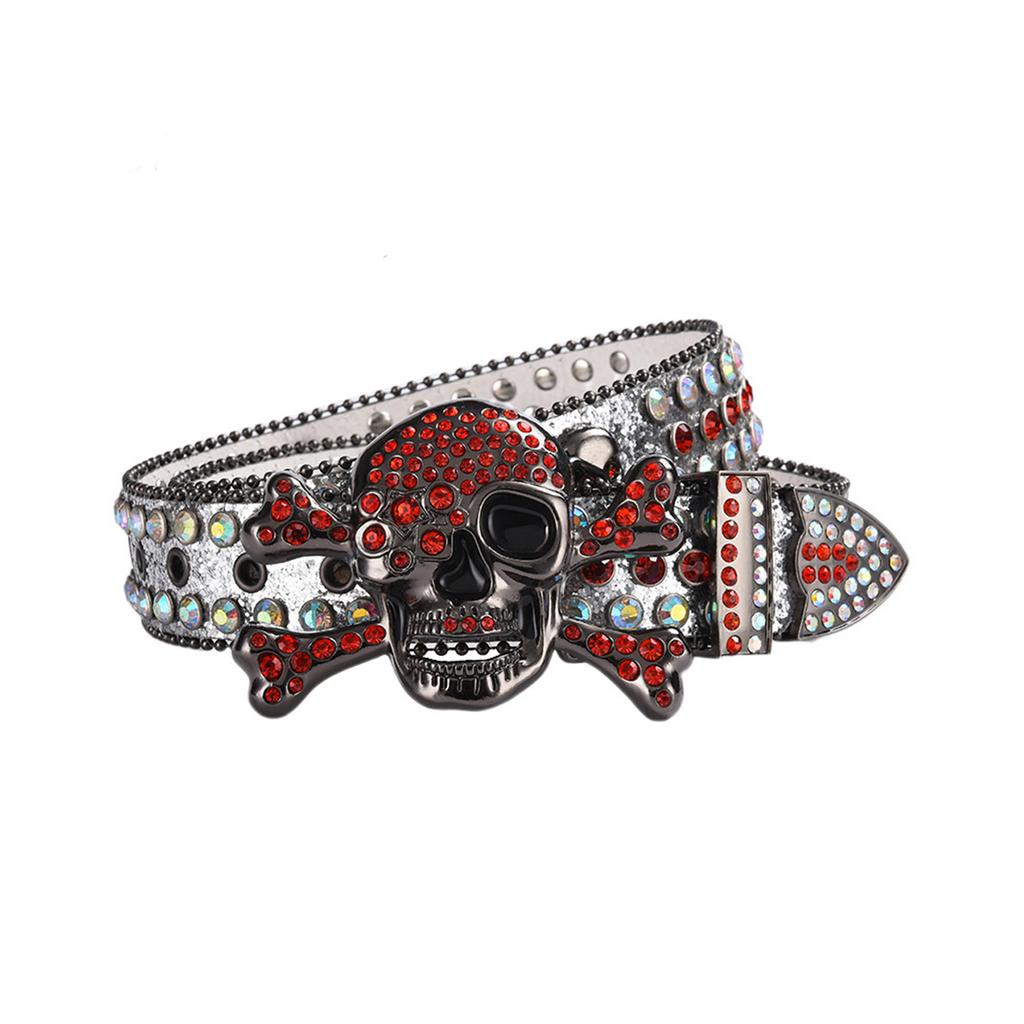 Adult Sequins Belt for Disco Party Waist Belt Rhinestones Skull Buckle Thin Waist Belt Street Cultures Enthusiasts Belt