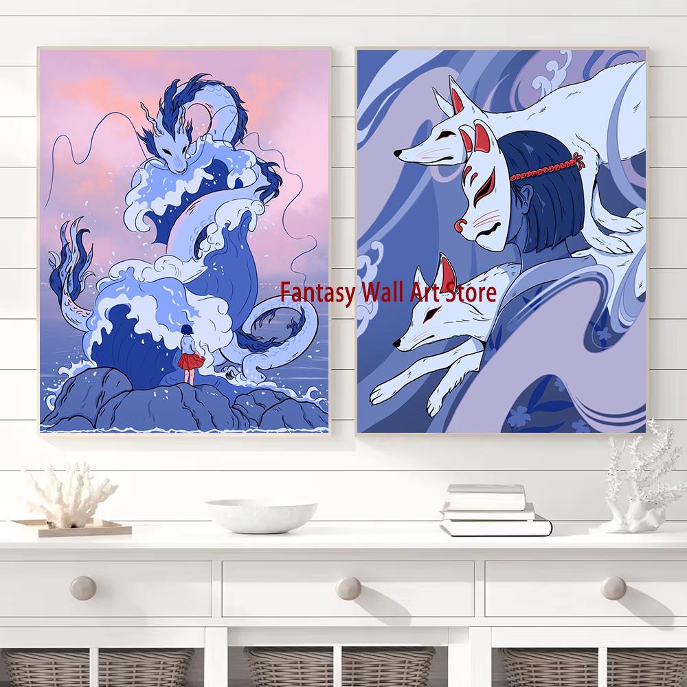 Japanese Cartoon Illustration Poster Landscape Mask Anime Girl Poster Japan Art Decor Home Room Wall Decoration Canvas Painting