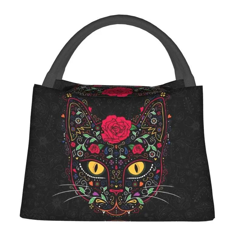 Day Of The Dead Kitten Cat Sugar Skull Thermal Insulated Lunch Bags Women Mexican Halloween Floral Lunch Container for Food Box