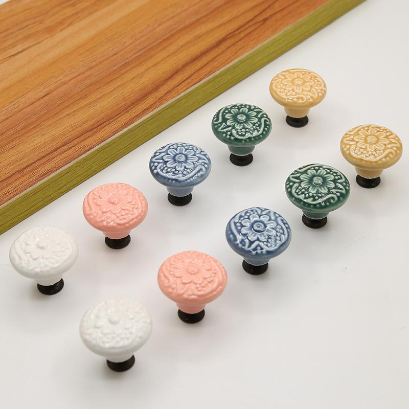 Ceramic Cabinet Drawer Door Knob Cupboard Wardrobe Embossed Round Pull Handle with 25mm Screw