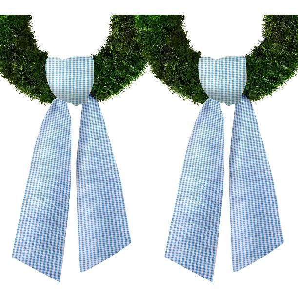 2 Pieces Wreath Sash for Front Door, Blue White Seersucker Wreath Sash Blue Buffalo Plaid Wreath Accessories Holiday Sash for Wreath Wedding Birthday