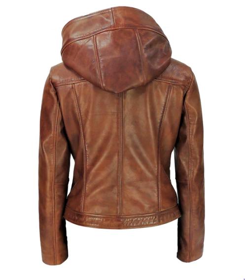 Leather Handmade Stylish Brown Halloween Women Jacket Hoodie Genuine Lambskin