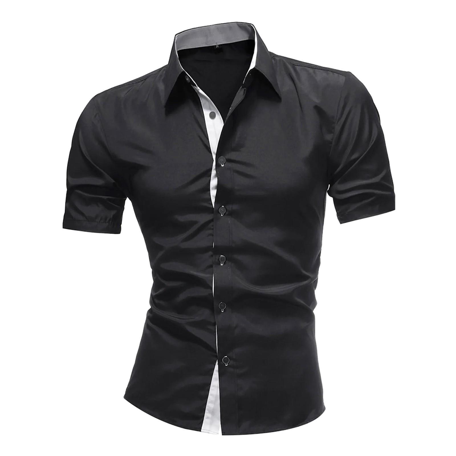 Summer Men s Lapel Button Up Short Sleeved Shirt Daily Casual Top L чёрный