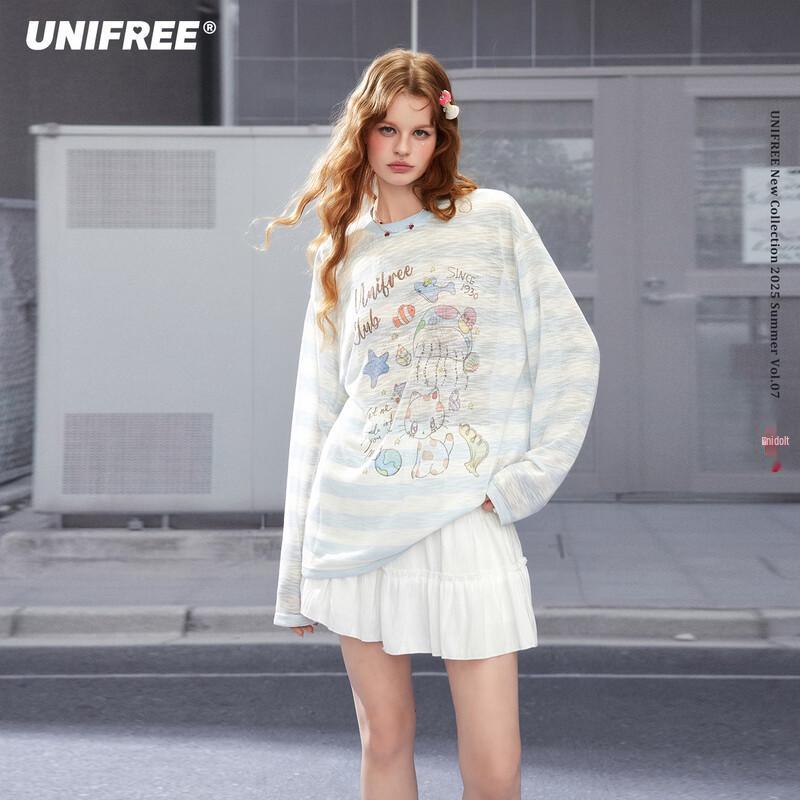 

UNIFREE Korean Style Cute Cat Print Color-Block Striped Loose T-Shirt M